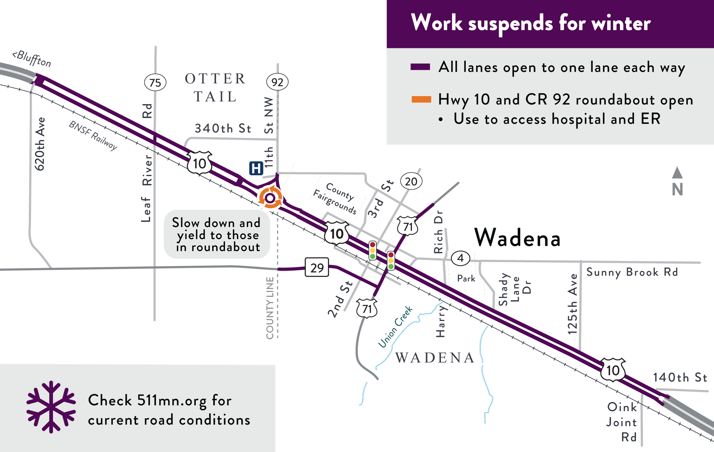Project work zone map Project work areas on Hwy 10, 29 and 71 in Wadena.