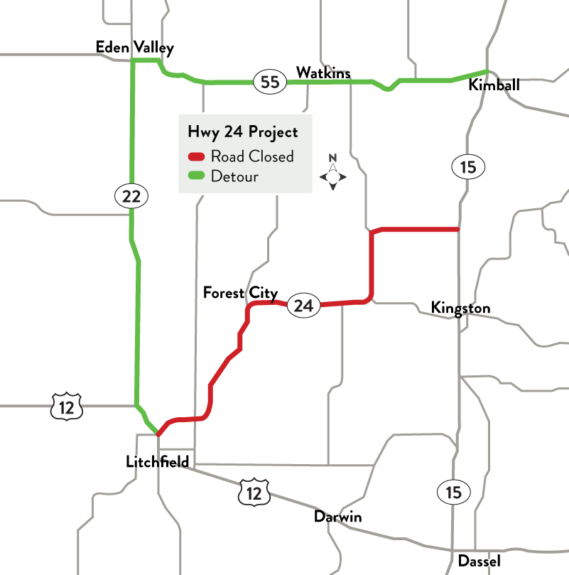 A map showing that Highway 24 is closed between Litchfield and Highway 15. The detour involves taking highways 22 and 55.